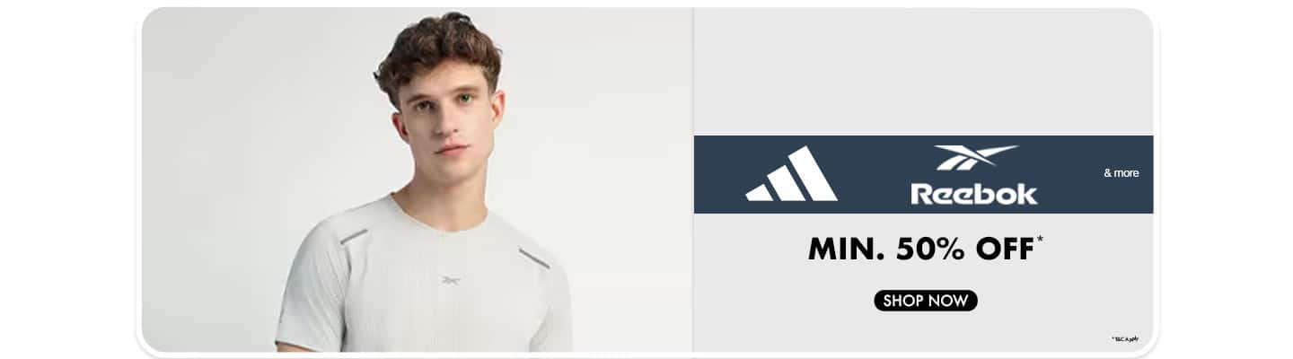 Minimum fifty percent off sale on Adidas, Reebok, and more brands. Features a man in a light grey ribbed t-shirt.